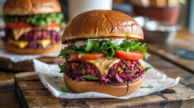Freshly baked brioche buns cradle the plant-based buger filled with lentil andbeetroot patty.