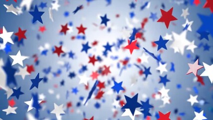 Animated 3D Patriotic Starry Confetti Falling Over a Blue Backdrop - Powered by Adobe