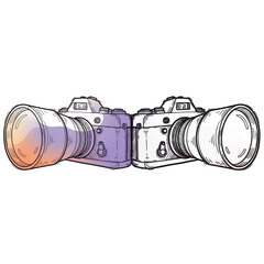 Mirrored sketch of modern photography equipment, contrasting vibrant color with classic black and white line art