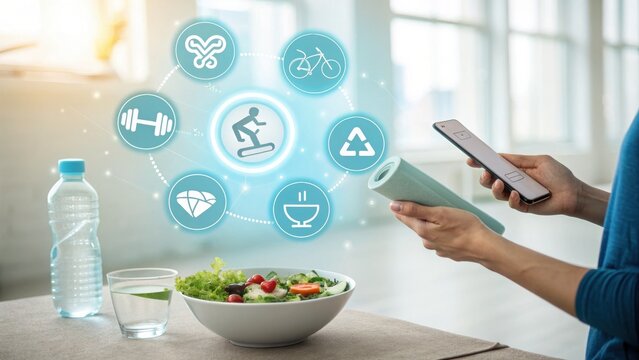 Person practicing yoga with glowing floating icons of yoga mat, dumbbell, and water, symbolizing fitness, healthy lifestyle, and wellness in modern living. - Powered by Adobe