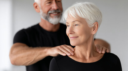 Senior couple in love, man giving woman relaxing shoulder massage. This represents wellness, care, and therapy, showing content and happy moment together