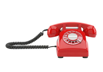 Bright red vintage rotary telephone receiver with coiled cord, isolated on pristine transparent seamless background, soft even shadowless light, nostalgic communication concept