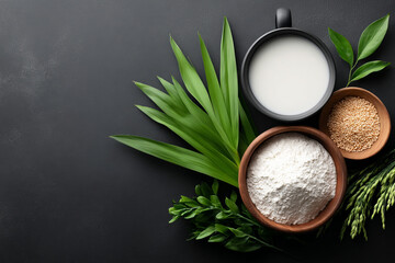 Top view of Thai dessert ingredient, coconut milk, flour, sugar, and pandan leaf for food recipe on dark background. Natural and authentic cooking preparation