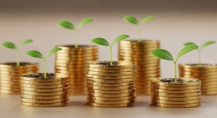 Stacks of golden coins, each supporting a small green plant sprout, symbolize financial growth and prosperity.