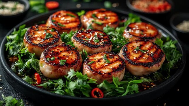 Delicious seared scallops served over fresh greens with herbs and lemon for an elegant seafood dish.
