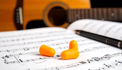Close-up of orange earplugs on sheet music with a guitar in the background