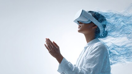 Woman using virtual reality headset, surrounded by digital data streams, engaging with immersive technological environment and interactive ai interfaces