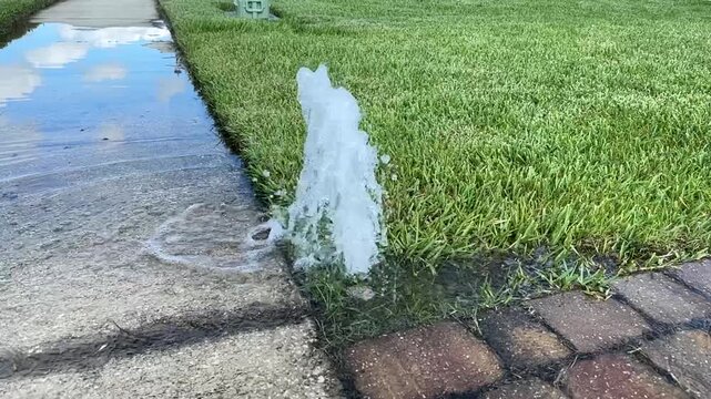Slow Motion Video of Broken Sprinler Head Bubbling Up on a Residential Irrigation System