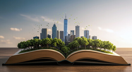 An open book transforms into a vibrant green city skyline with lush trees and a bright sky overhead