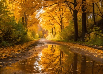 Obraz premium Autumn Road Reflection Golden Trees and Puddle