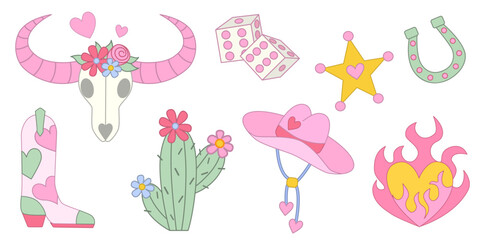 Set of cowgirl design elements. Cowgirl boots, cow skull, hat, horseshoe, cactus, Sheriff star and dice. Female Cowboy western theme, wild west. Vector illustration in flat style.