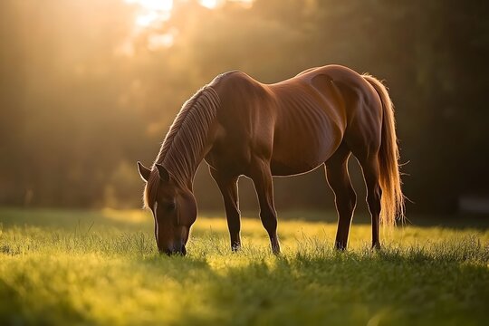 A majestic horse grazes peacefully on lush green grass in a sun-drenched meadow during the golden hour, with a gentle breeze rustling its mane.