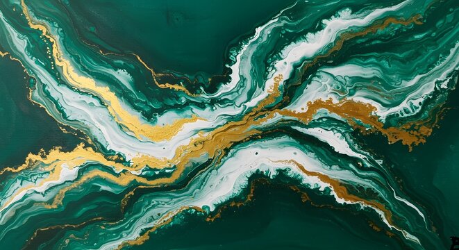 Abstract fluid art in emerald green and gold with dynamic swirling patterns