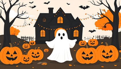 Halloween scene with spooky house and ghost