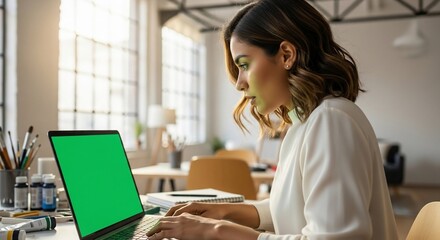 Focused young woman typing on laptop with green screen in modern office, working diligently on project with natural light streaming in, creating a productive atmosphere.
