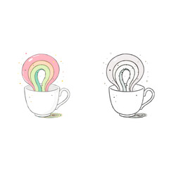 A whimsical hand-drawn illustration of a magical rainbow emerging from a teacup, shown in both pastel colors and monochrome line art
