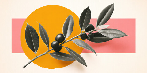 Modern collage environment branch with olive fruit against geometric color background evoking calm warmth