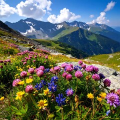 Fototapeta premium Vibrant wildflowers flourish on a sun-drenched alpine meadow, nestled amongst towering mountain peaks.