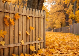 Fototapeta premium Wooden Picket Fence Autumn Leaves Pathway