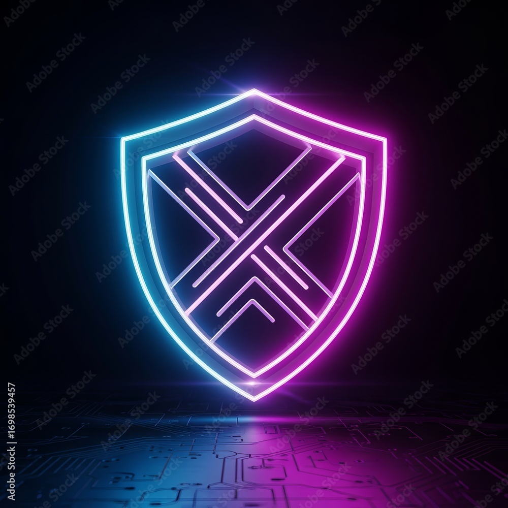 Poster a glowing neon shield with a cross design on a dark surface with a blue and pink gradient effect