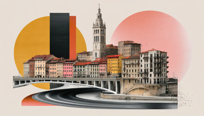 Obraz premium Collage environment colorful riverside buildings bridge tower sunset pink orange gradient urban scene with subtle nostalgic mood