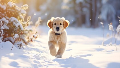 Obraz premium A playful golden retriever puppy frolics through a snowy winter landscape, bathed in warm sunlight.