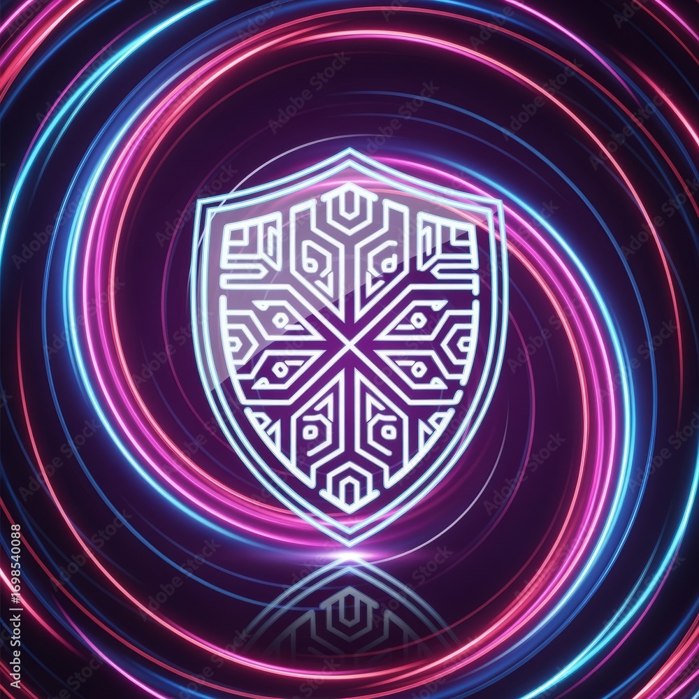Poster a glowing shield with intricate white patterns surrounded by swirling neon lights on a dark backgrou