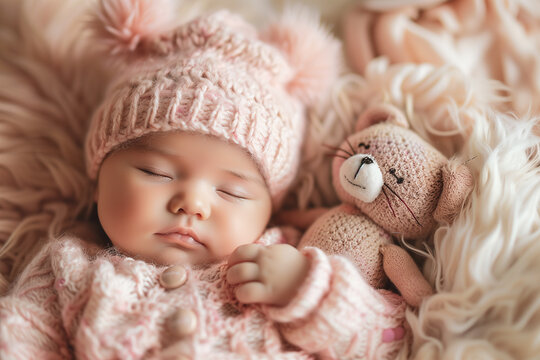 Newborn asian girl in pink suit with toy teddy cat sleeps - Powered by Adobe