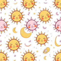 Adorable hand-drawn seamless pattern featuring cute smiling suns, sleepy moons, and stars. A dreamy celestial background for children's decor