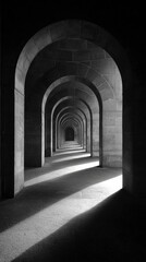 Naklejka premium Monochrome Archway Corridor: Repetitive Tunnel Perspective