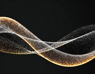 Abstract swirling ribbons of gold and silver particles against a black background