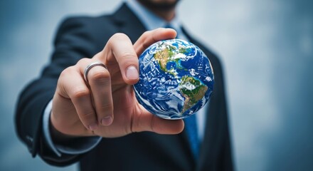 A person in a suit holds a detailed globe of the earth, showcasing the continents and oceans with a thoughtful and engaged expression.