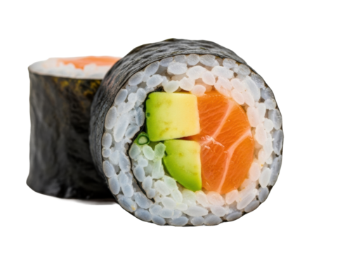 Extreme close-up of two Japanese maki sushi rolls, one in sharp focus with salmon, avocado, rice, nori on a transparent background with copy space, gourmet Japanese cuisine
