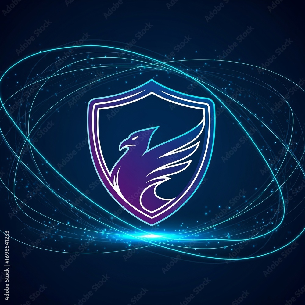 Aufkleber a stylized eagle inside a shield with glowing lines and particles on a dark blue gradient background