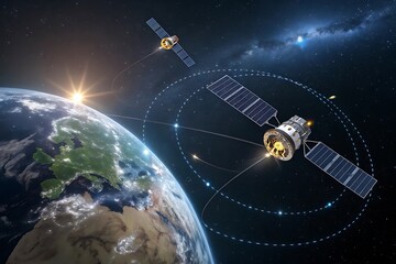 Advanced satellite network orbiting earth at sunrise illuminating globe with twinkling city lights and stars above