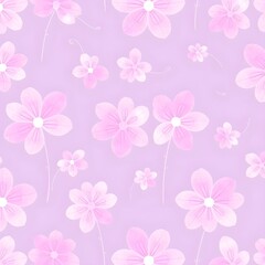 Delicate seamless pattern featuring stylized pink and white flowers on a soft pastel lavender background. A gentle and romantic floral repeat illustration