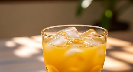Refreshing glass filled with orange juice and ice on a wooden surface, capturing light and natural