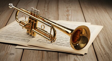 Naklejka premium A polished golden trumpet rests atop antique sheet music on a rustic wooden surface, evoking a vintage musical theme.