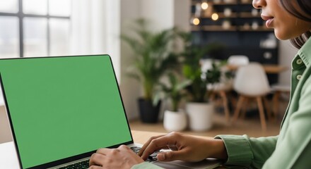 Woman typing on laptop with green screen in modern home office, working remotely with focus and determination.