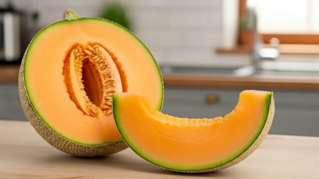A fresh cantaloupe melon, cut in half with visible seeds and a single slice, displayed on a wooden kitchen counter.