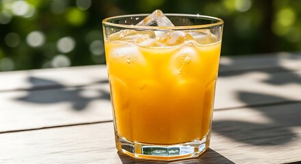 Refreshing drink with ice cubes, on wooden surface, outside on a sunny day.