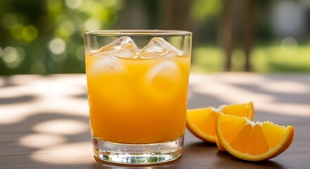 Refreshing glass of orange liquid with ice sits next to orange slices on table.