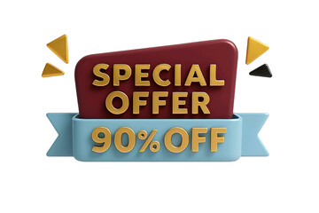 3d rendered special offer banner with 90 percent off discount text isolated on transparent background