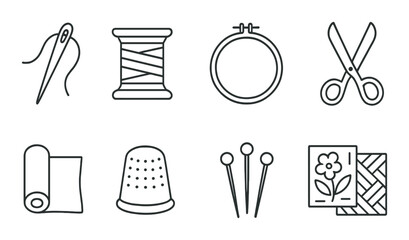 Sewing essentials black icons set: needle, thread, scissors, fabric, thimble, pins, stitching, embroidery