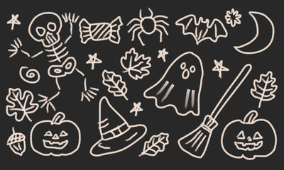 Whimsical Handdrawn Halloween Element Icon Collection with Chalk Style Detailing