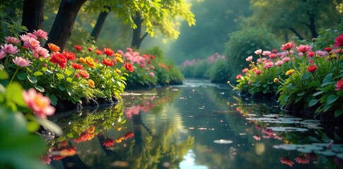 Serene scene of a vibrant flower pond, teeming with colorful blooms and lush green foliage reflecting in the tranquil water  Perfect for nature, garden, and serenity themes ,  garden,  flowers