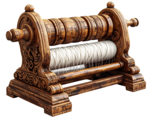 Wooden Spinning Wheel with Cotton Thread PNG