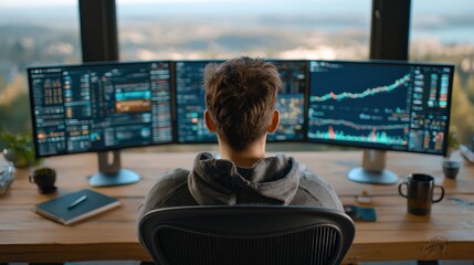 A focused person monitors data and charts on a collection of screens