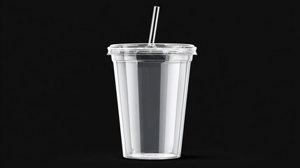 Transparent Plastic Cup with Lid and Straw on Black Background , Minimal Drink Container Design