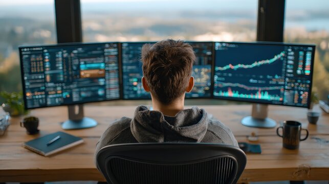 A focused person monitors data and charts on a collection of screens